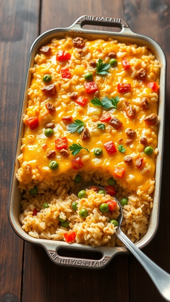 Oven-Baked Vegetable Rice Casserole A baked vegetable rice casserole with melted cheese and colorful vegetables in a rustic dish.